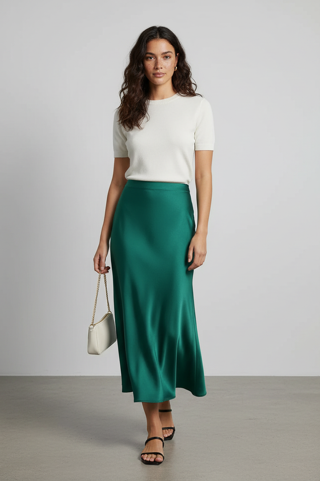 Jupe Satin Émeraude Fluide Élégante