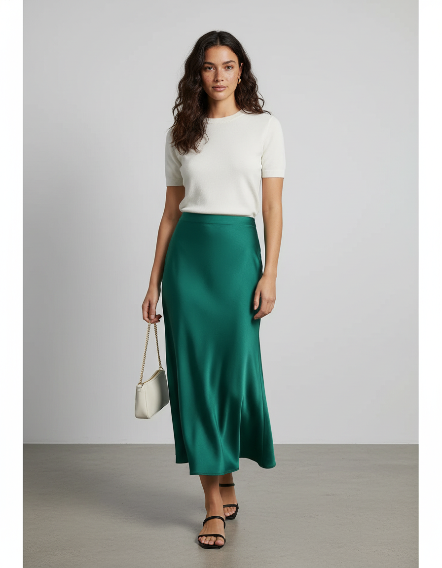 Jupe Satin Émeraude Fluide Élégante