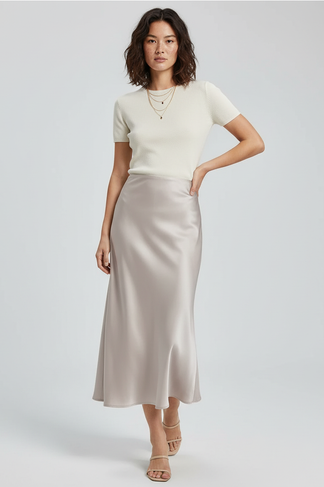 Jupe Satin Champagne Fluide Élégante Subtile
