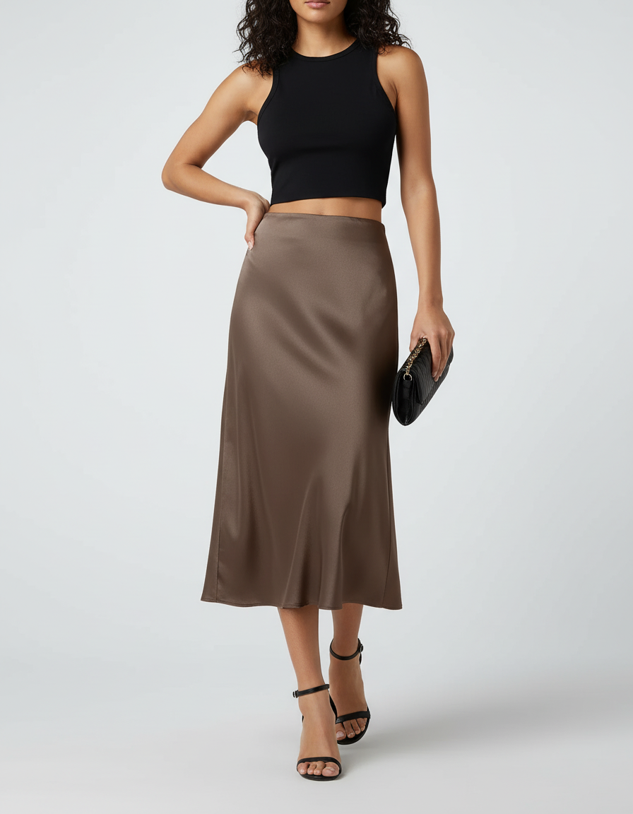 Jupe Satin Moka Fluide Élégante
