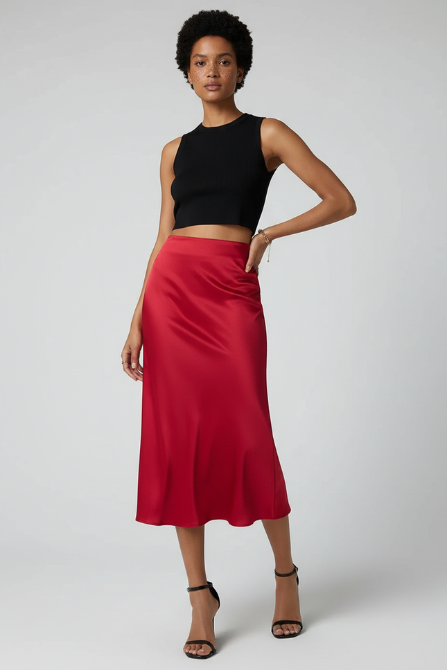 Jupe Mi Longue Satin Rouge Deguisement