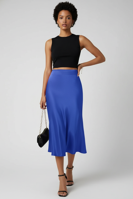 Jupe Satin Bleu Fluide Élégante