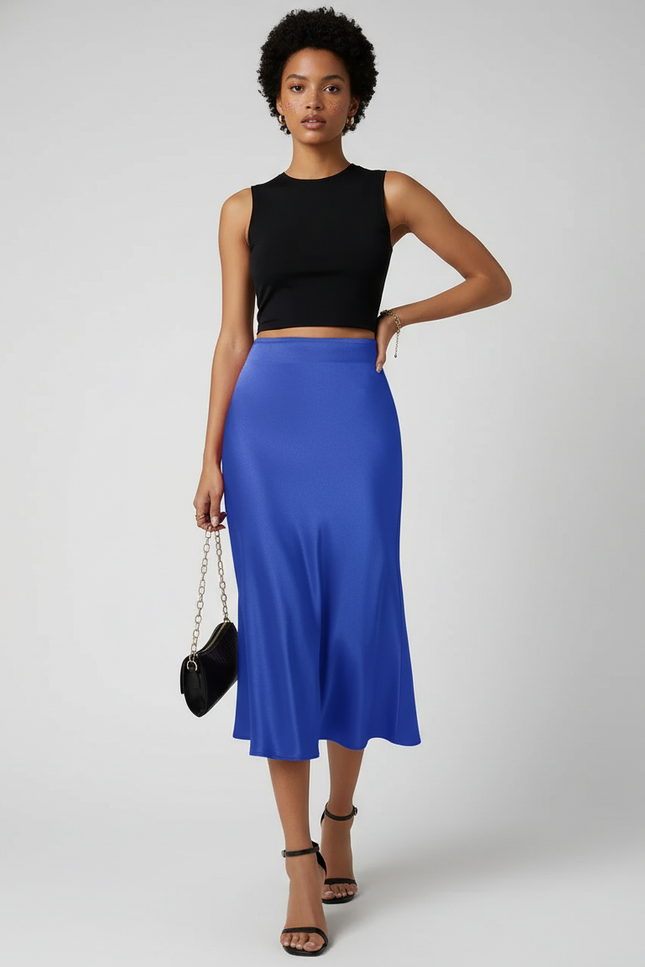 Jupe Satin Bleu Fluide Élégante