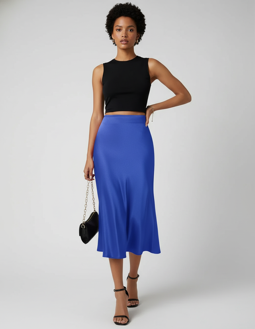 Jupe Satin Bleu Fluide Élégante