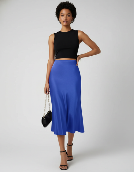 Jupe Satin Bleu Fluide Élégante