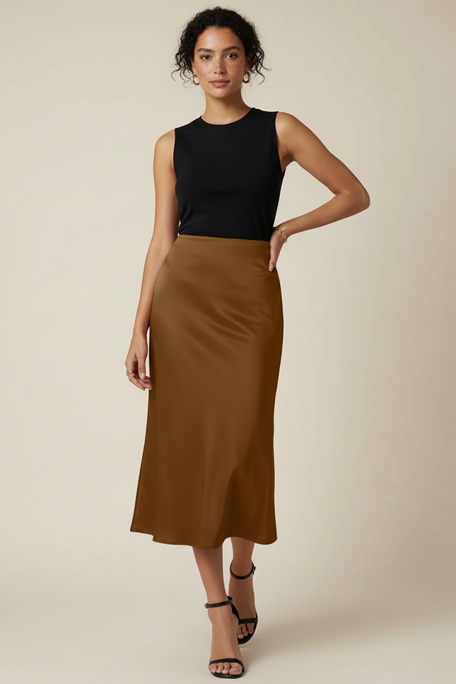 Jupe Satin Marron Fluide Élégante Classique