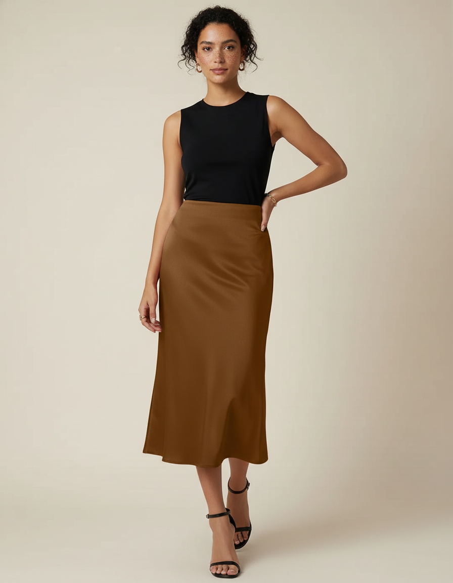 Jupe Satin Marron Fluide Élégante Classique