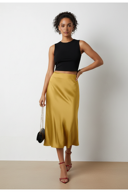 Jupe Satin Champagne Midi Fluide Chic