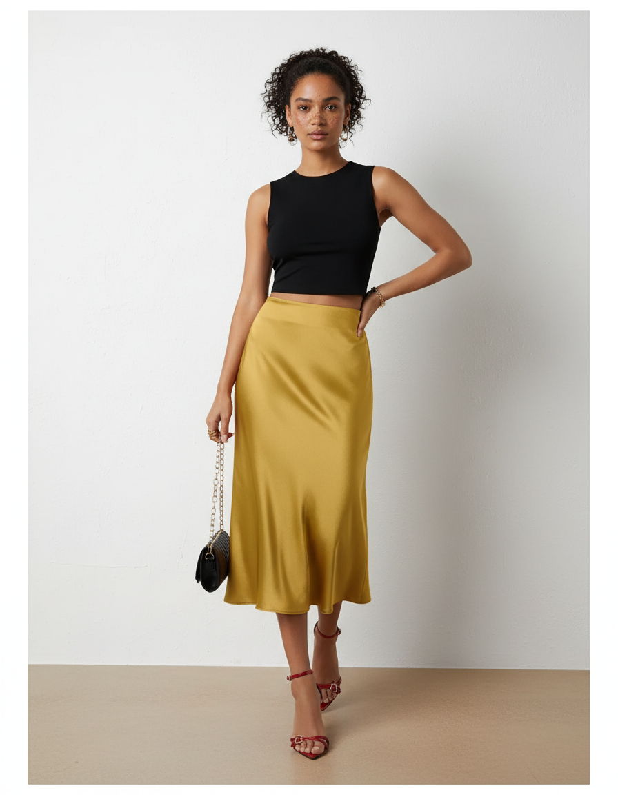 Jupe Satin Champagne Midi Fluide Chic