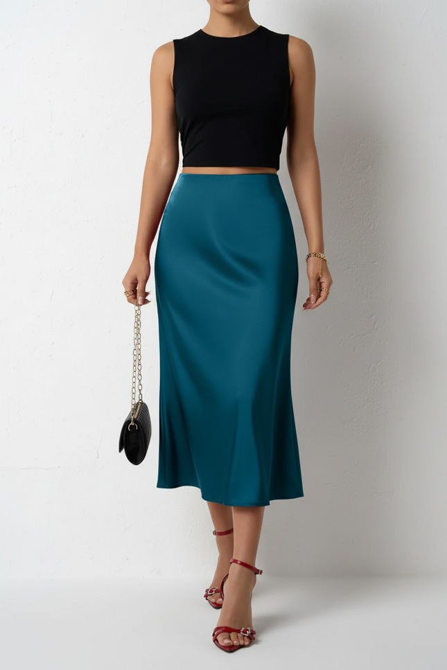 Jupe Satin Bleu Pétrole Fluide Élégante