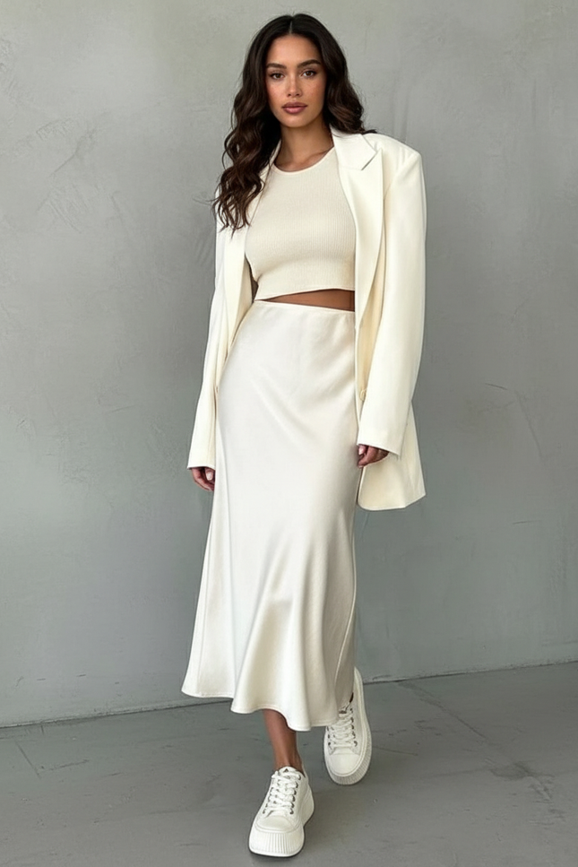 Jupe Satin Crème Fluide Élégante Douce Lumineuse