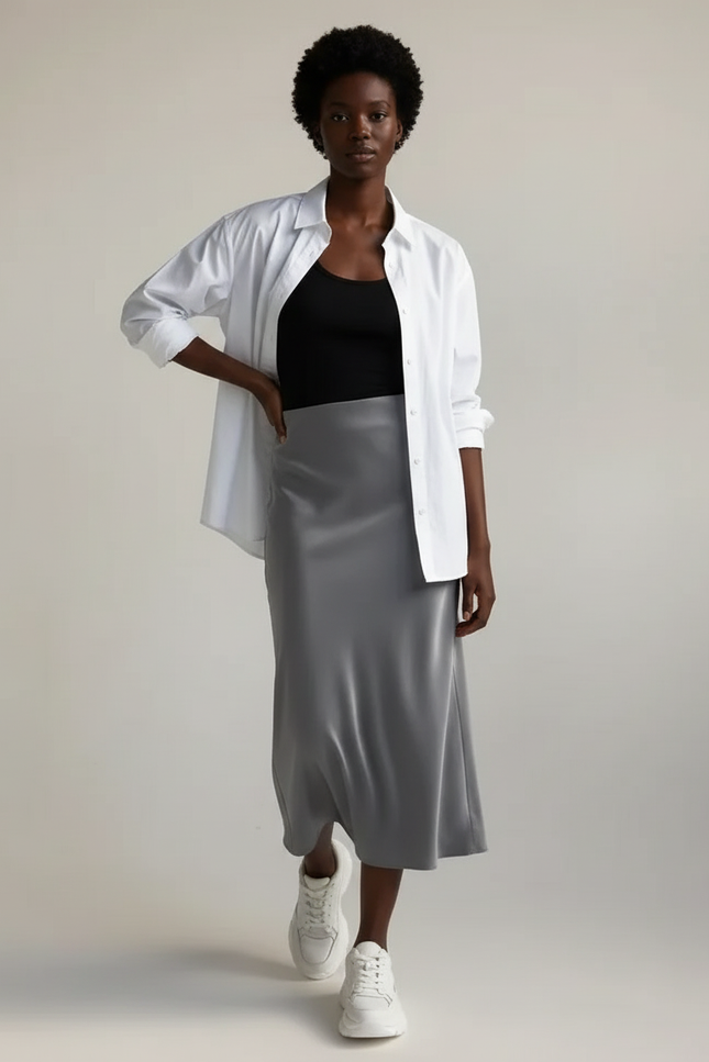 Jupe Satin Grise Fluide Élégante Urbaine