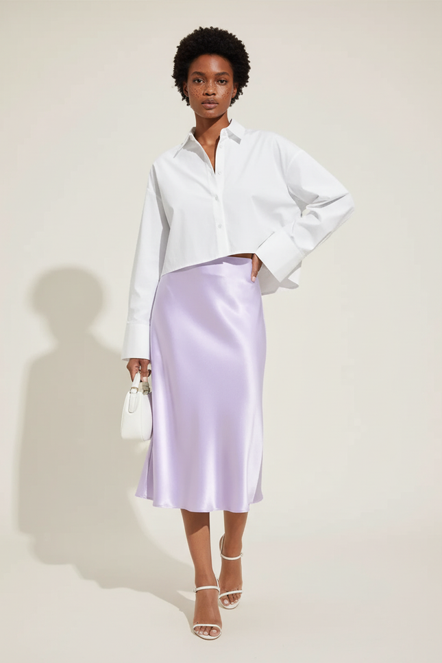 Jupe Satin Lavande Midi Élégante