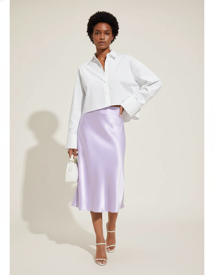 Jupe Satin Lavande Midi Élégante