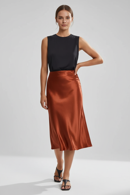 Jupe Satin Cuivrée Fluide Élégante Originale