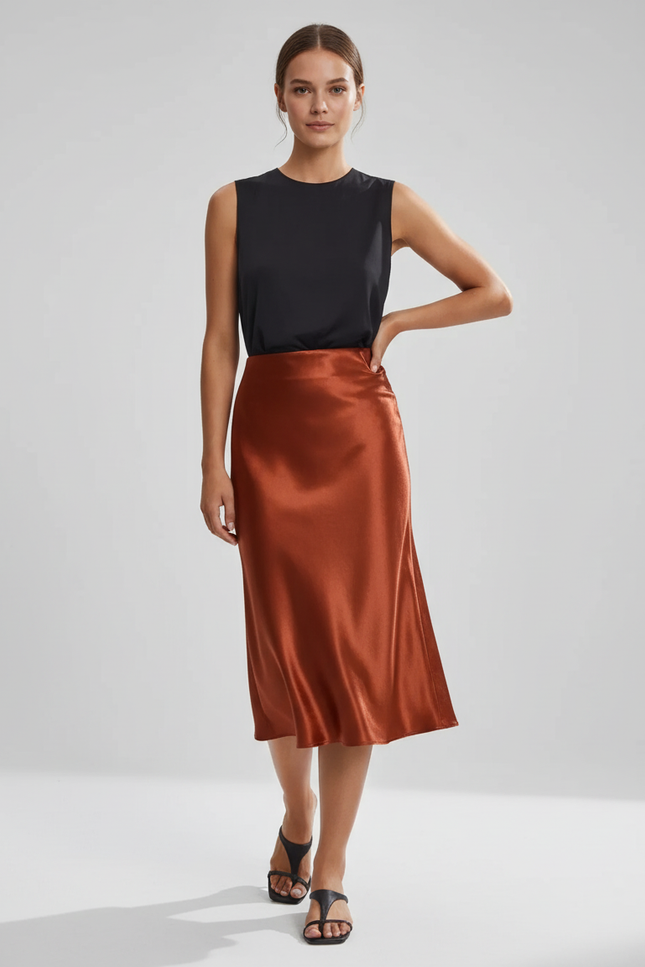 Jupe Satin Cuivrée Fluide Élégante Originale