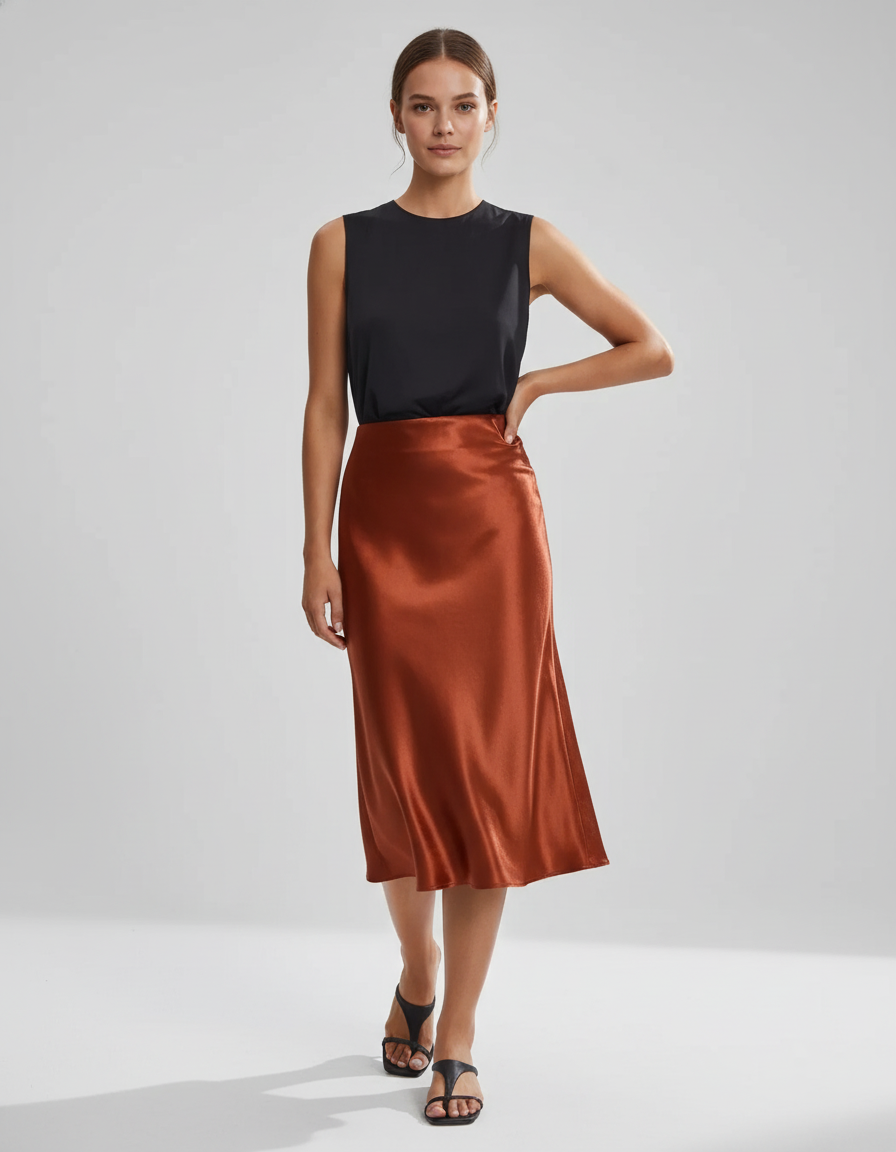 Jupe Satin Cuivrée Fluide Élégante Originale