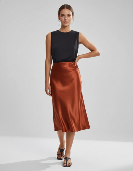 Jupe Satin Cuivrée Fluide Élégante Originale
