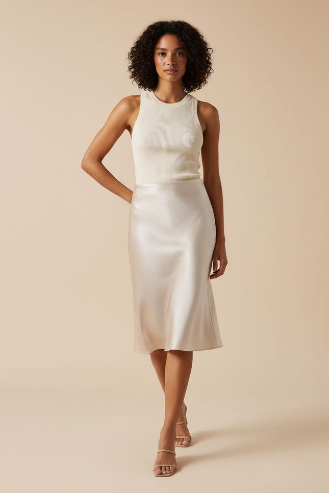 Jupe Satin Champagne Midi Élégante