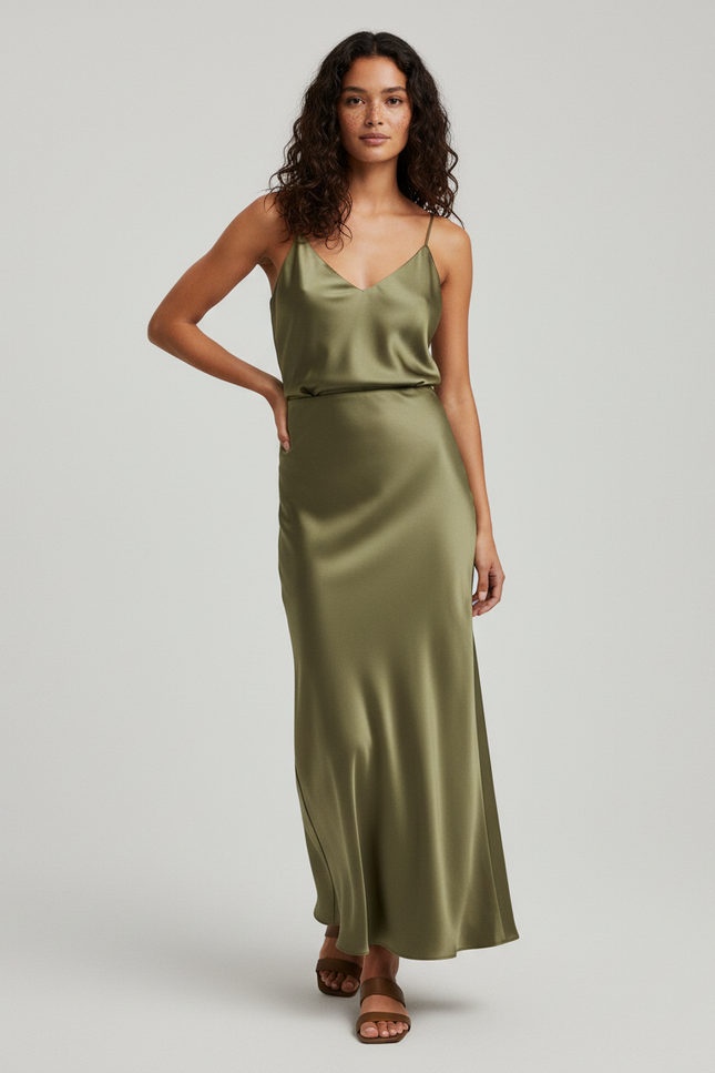 Jupe Satin Vert Olive Fluide