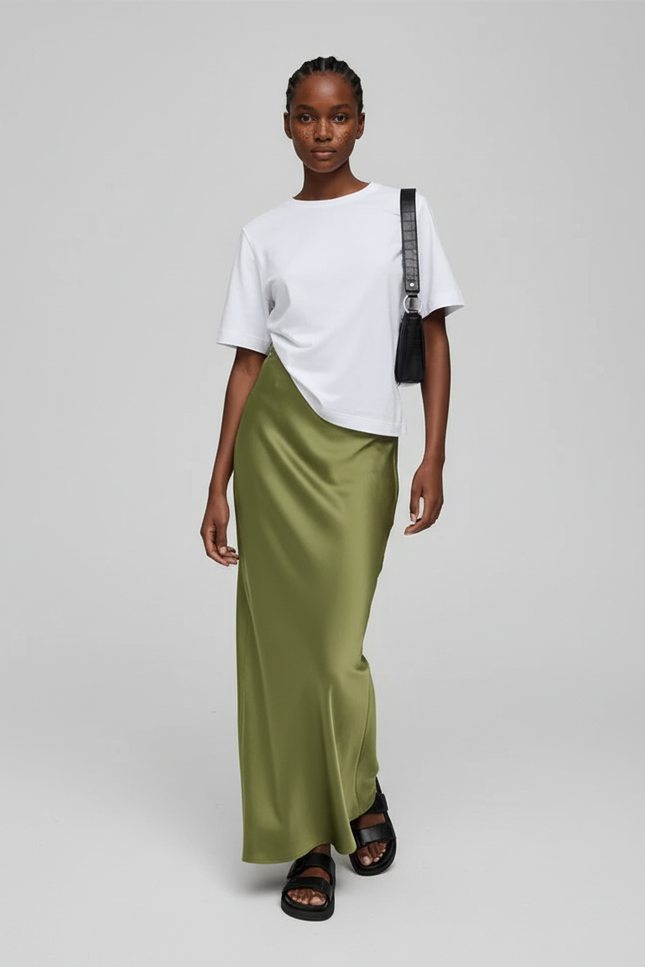 Jupe Satin Vert Olive Longue Fluide