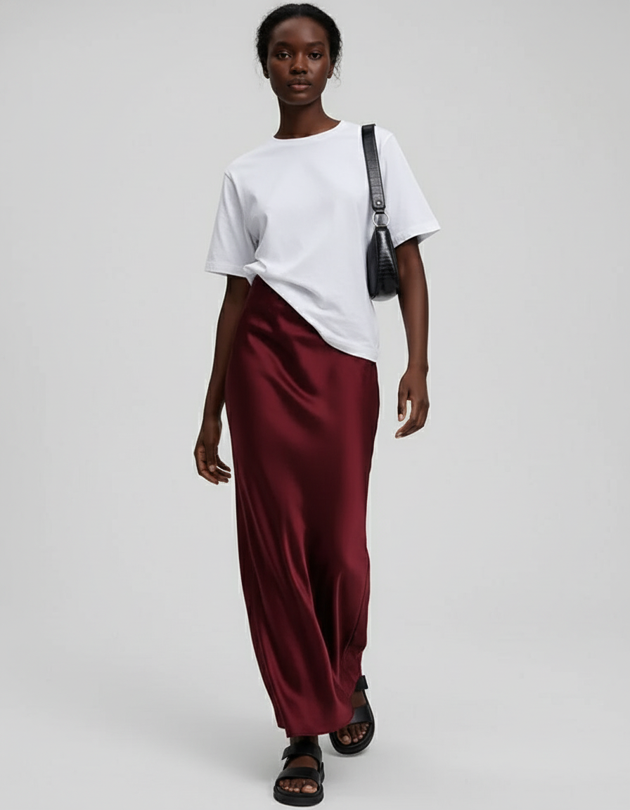 Jupe Satin Bordeaux Fluide Élégante Noble