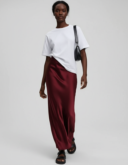 Jupe Satin Bordeaux Fluide Élégante Noble