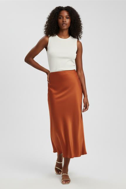 Jupe Satin Cuivrée Midi Élégante