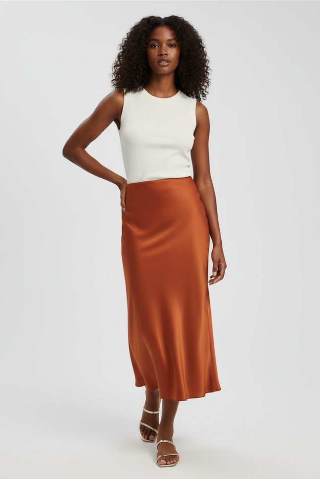 Jupe Satin Cuivrée Midi Élégante