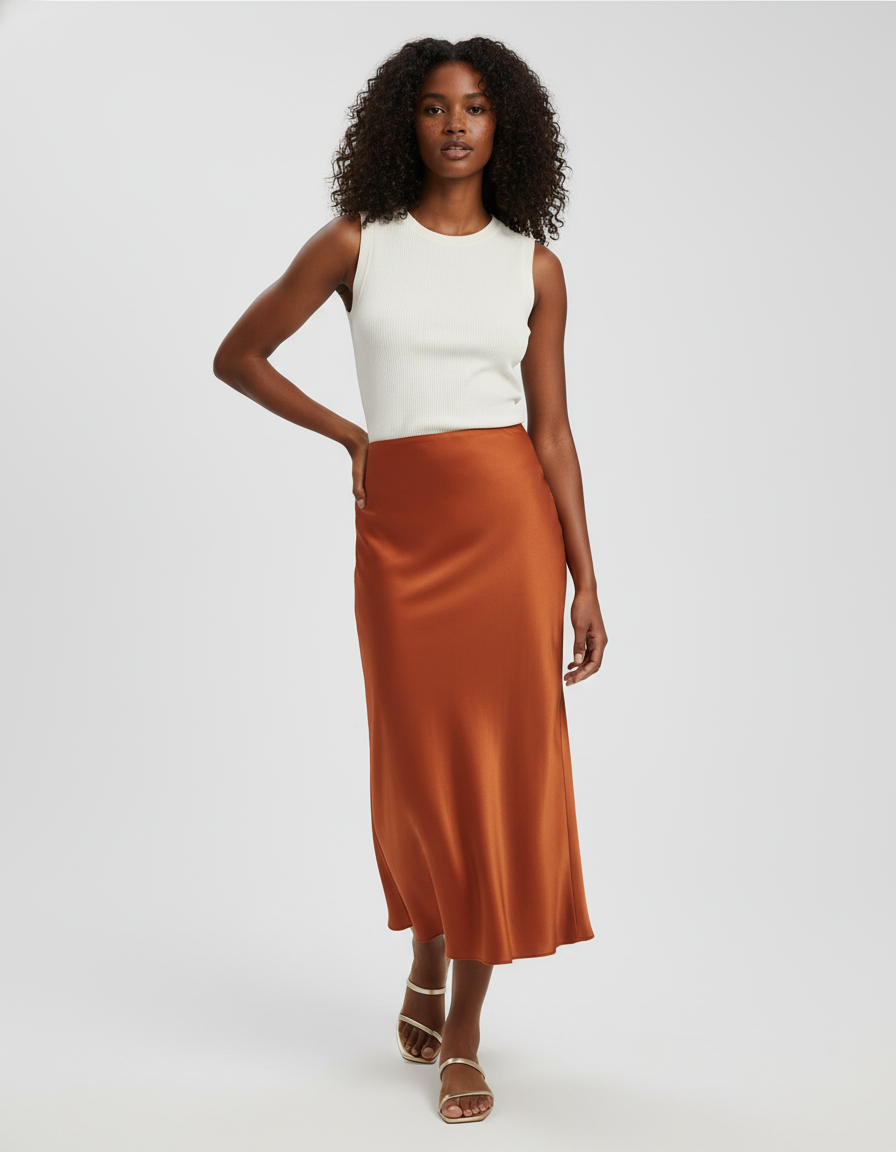 Jupe Satin Cuivrée Midi Élégante