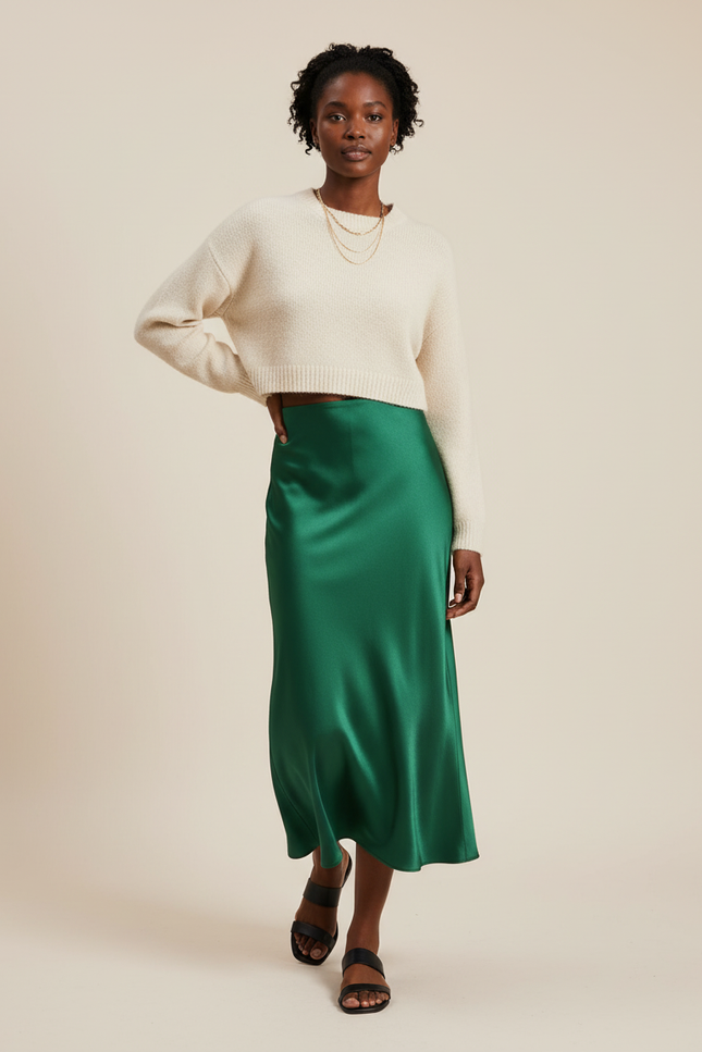Jupe Satin Émeraude Fluide Élégante Profonde