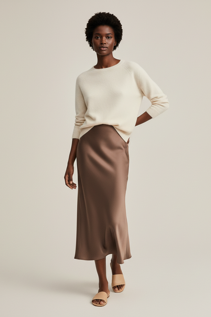 Jupe Satin Fluide Marron Élégante Sobre