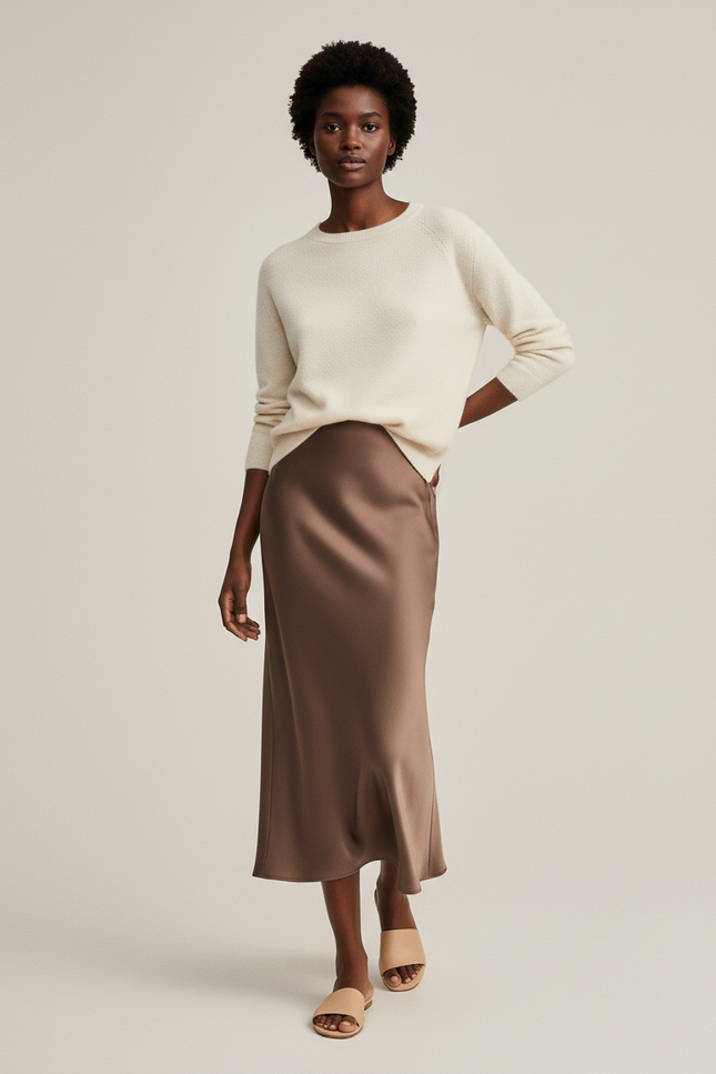 Jupe Satin Fluide Marron Élégante Sobre