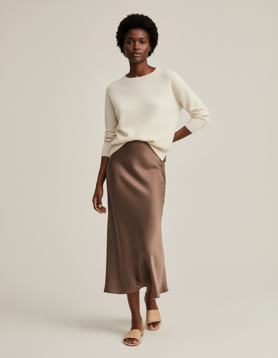Jupe Satin Fluide Marron Élégante Sobre