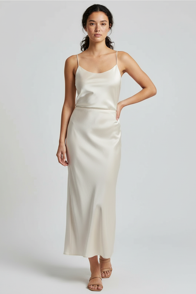Jupe Satin Crème Midi Élégante Chic