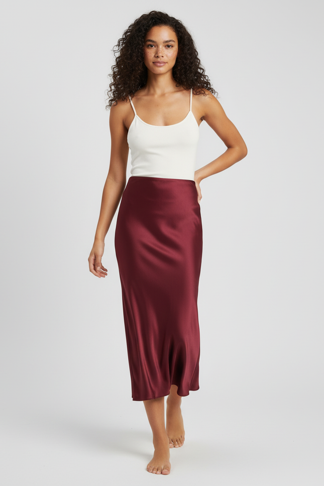 Jupe Satin Bordeaux Midi Fluide