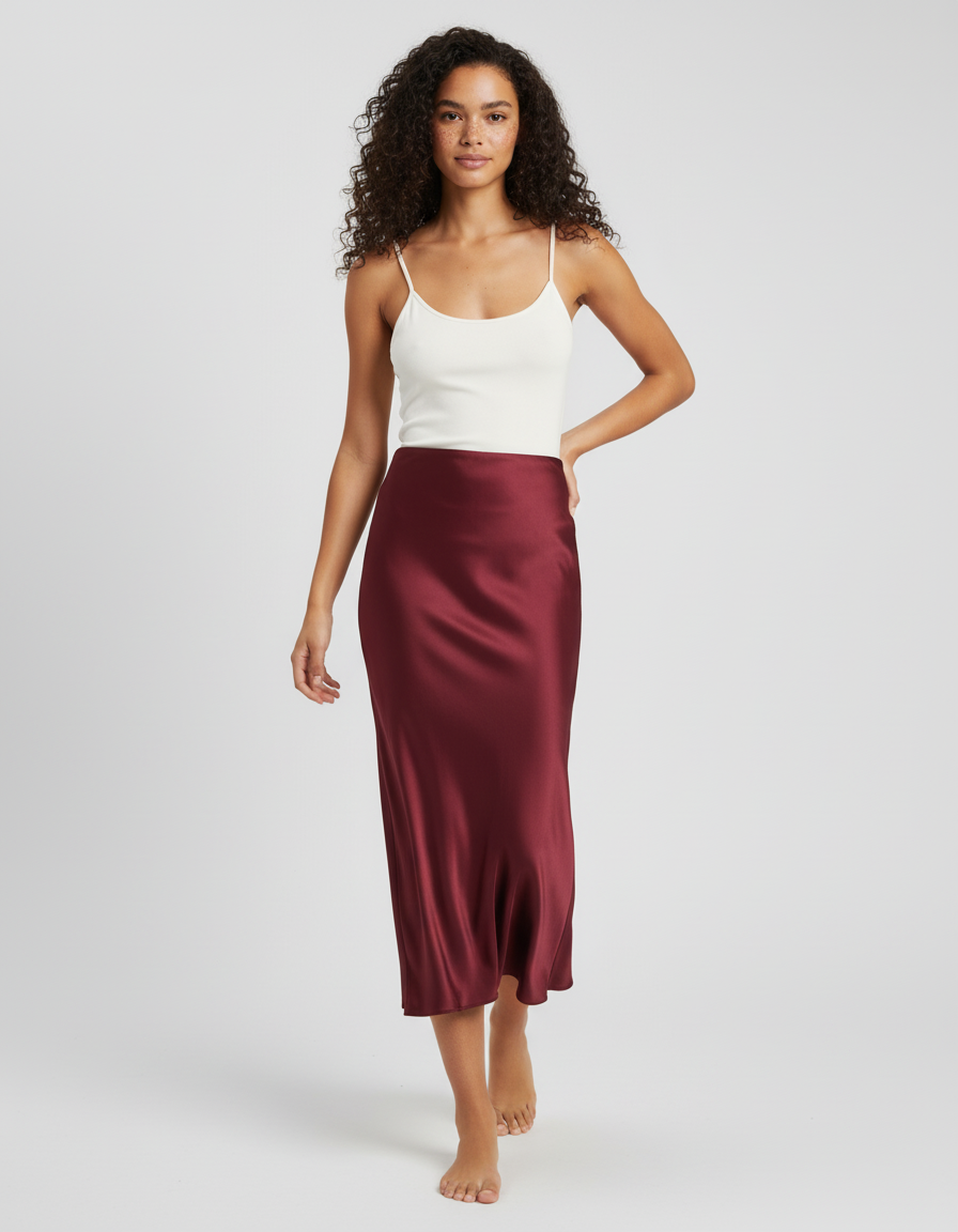 Jupe Satin Bordeaux Midi Fluide