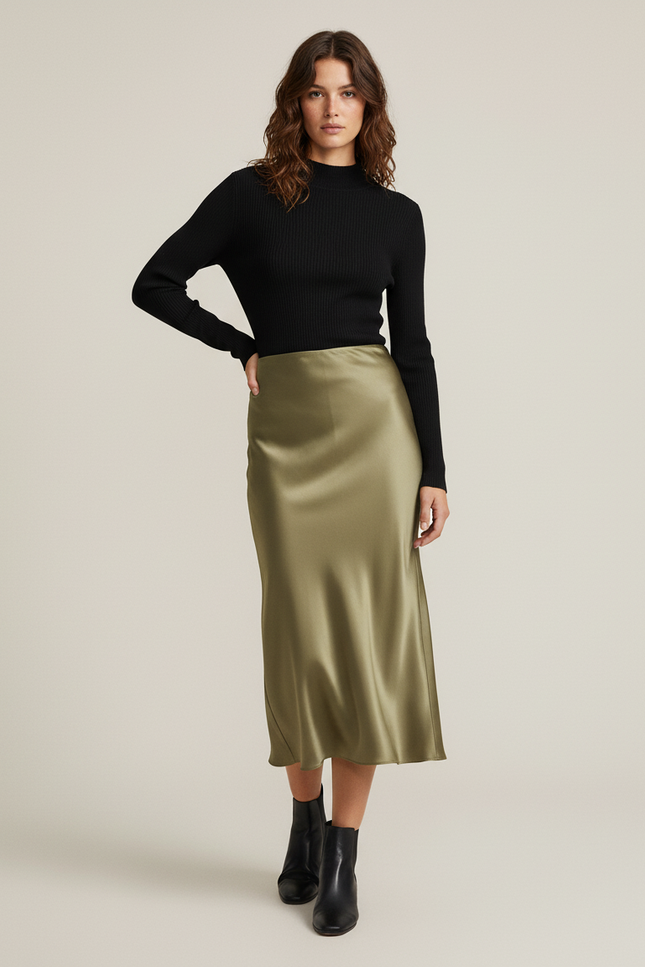 Jupe Satin Kaki Midi Chic