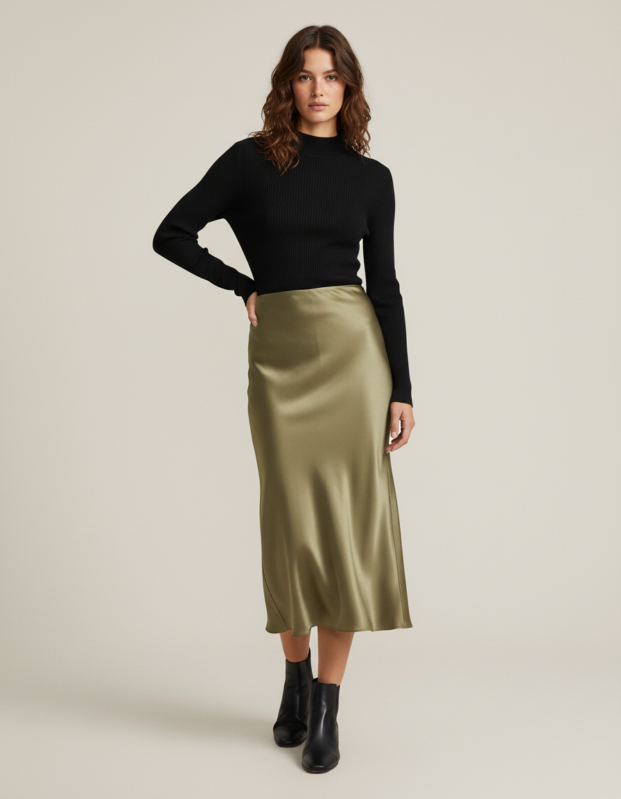 Jupe Satin Kaki Midi Chic