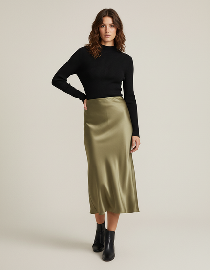 Jupe Satin Kaki Midi Chic