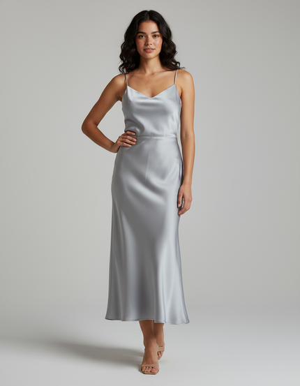 Jupe Satin Argentée Fluide Élégante Lumineuse