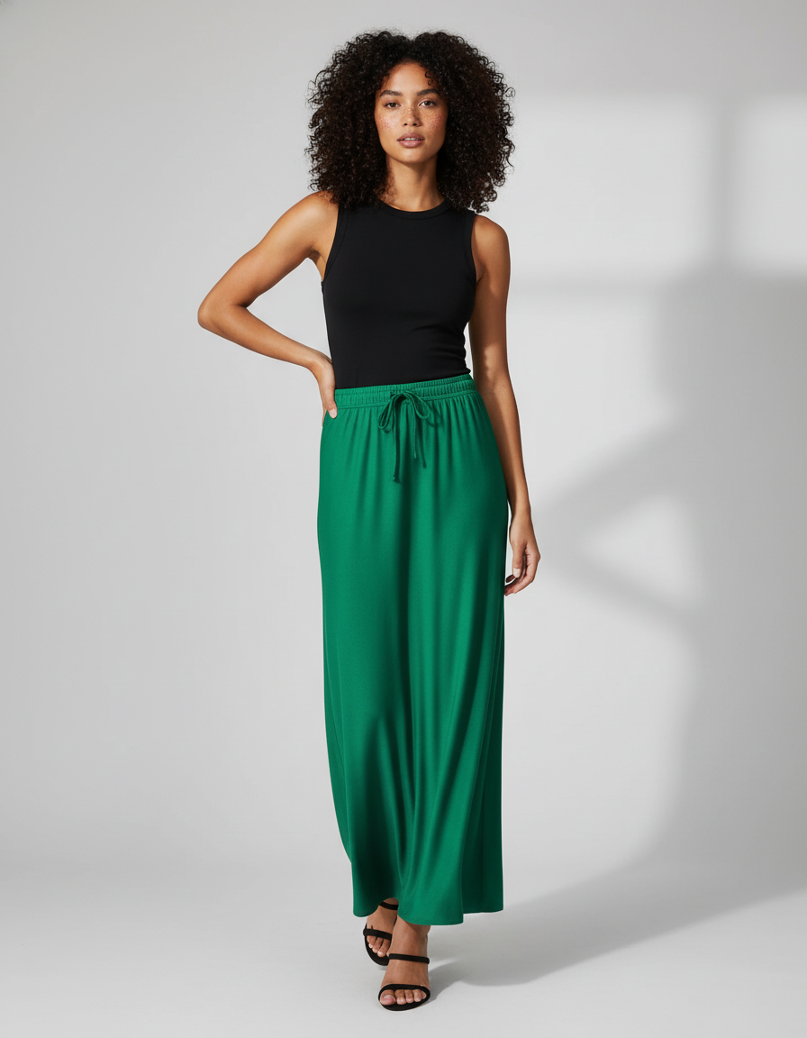 Jupe Satin Verte Longue Fluide