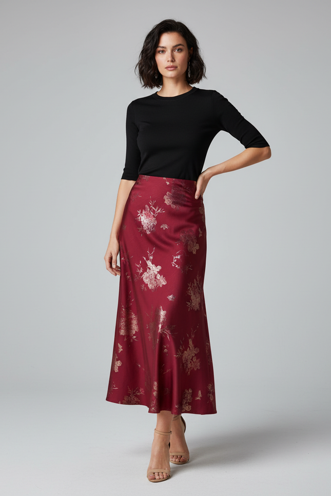 Jupe Trapèze Mi Longue Satinée Motif Floral