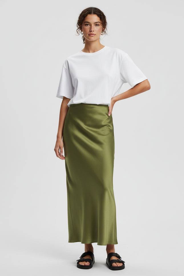 Jupe Satin Vert Olive Fluide Élégante
