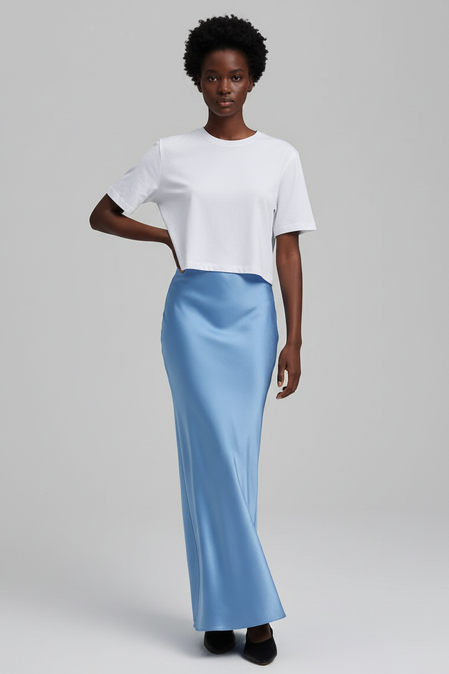 Jupe Satin Bleu Ciel Fluide Élégante Fraîche