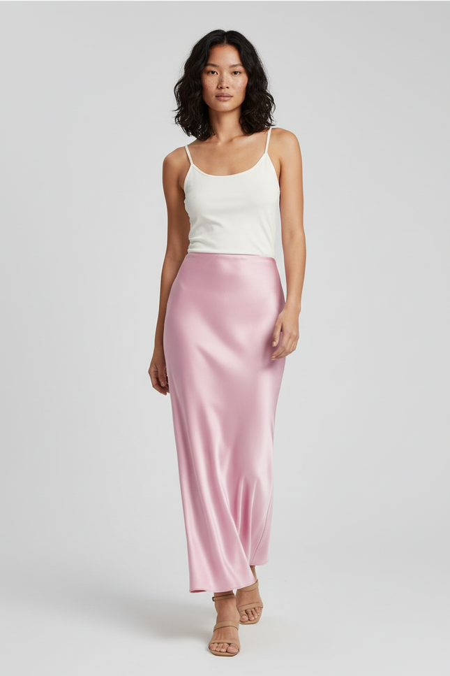 Jupe Satin Rose Pâle Longue Fluide