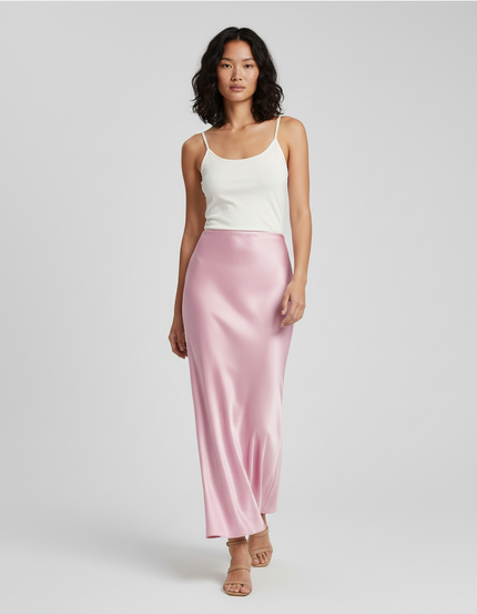 Jupe Satin Rose Pâle Longue Fluide