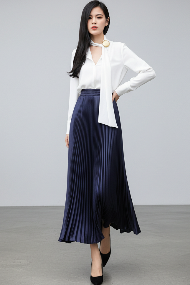 Jupe Plissée Bleu Marine Satin