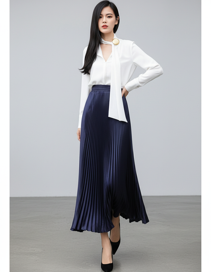 Jupe Plissée Bleu Marine Satin