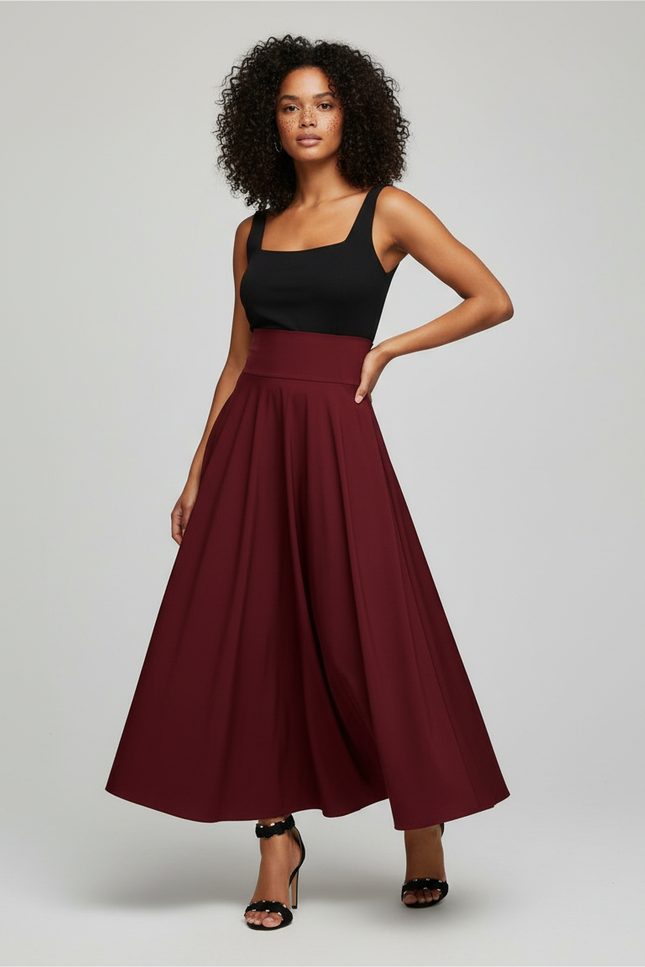 Jupe Taille Haute Trapéze Mi Mollet En Satin